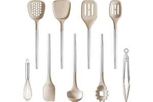 CAROTE Utensilios de Cocina de Silicona 9 Piezas, Juego de Utensilios de Cocina Antiadherentes con Mango de Acero Inoxidable para Utensilios Accesorios Cocina, sin BPA, Apto para lavavajillas