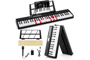 COSTWAY 61-Tasten Keyboard Piano, faltbares Klavier mit Leuchttasten, Notenständer, Mikrofon, 3 Lehrmodi, Digital Piano tragbar mit Dual-Lautsprechern, MP3/USB/MIDI
