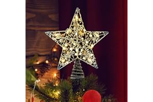 ANIEPAA Estrella Arbol Navidad, 25 cm Estrella Arbol de Navidad con Luz, Diseño de Metal Glittered 20 Luces LED Estrellas del árbol de Navidad para La Decoración Casera Festiva de La Navidad (Plata)