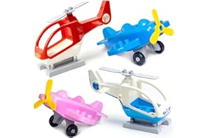 Mirthben 4 Stück Flugzeug Bausteine Set, Große Steine mit 2 Hubschrauber + 2 Kampfflugzeuge, Drehbare Rotoren und Räder, kompatibel mit DUPLO, Bausteine Zubehör Spielzeug für Kinder ab 3 Jahren