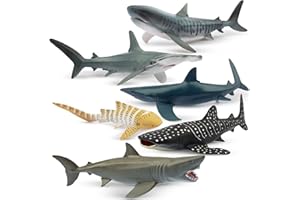 toymany 6PCS 12-14CM Realistic Shark Bath Toy Figurines, Plastic Ocean Sea Animals Figures Set Includes Whale, Tiger, Great White Shark, Cake Toppers Christmas Birthday Gift for Kids Toddlers