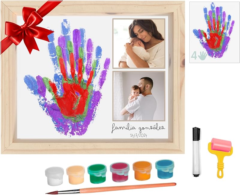 HuBorns - Baby Hand and Footprint Kit & Family Handprint Kit with 4 Handprint Spaces, Hand and Foot Print for Baby Painting Frame, Perfect as New Baby Gifts, New Mum Gift (Wood+Photos)