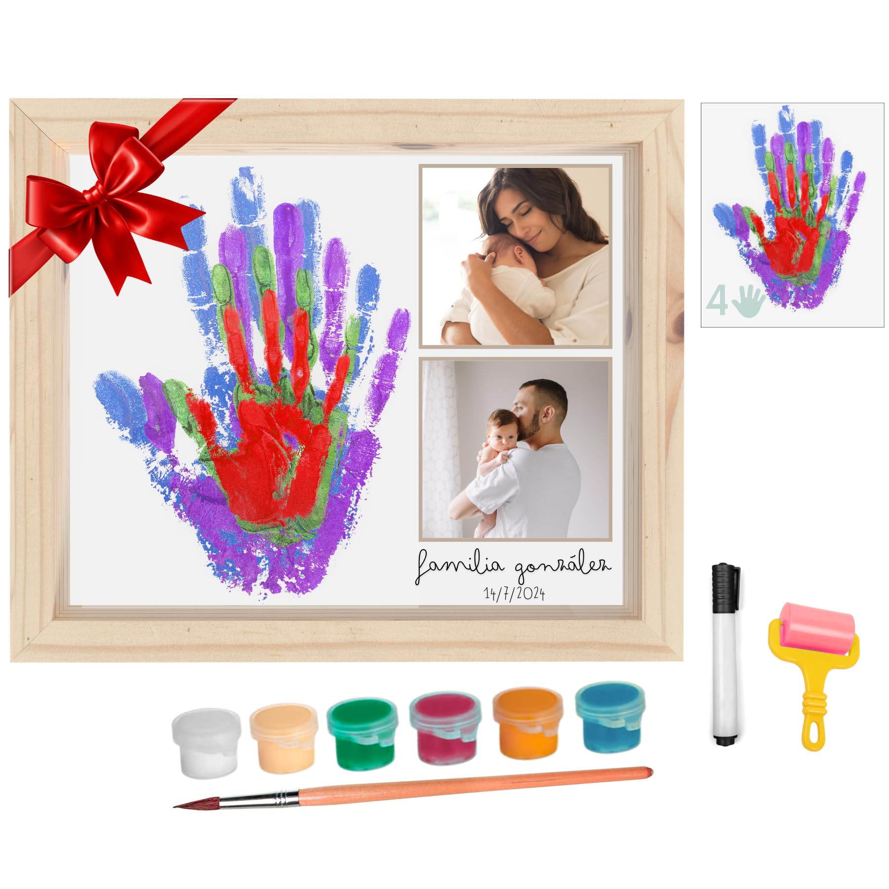 HuBorns – Kit huellas familia con pinturas, marco huellas bebé recién nacido, regalo familiar original, recuerdo padres e hijos y decoración hogar - 1