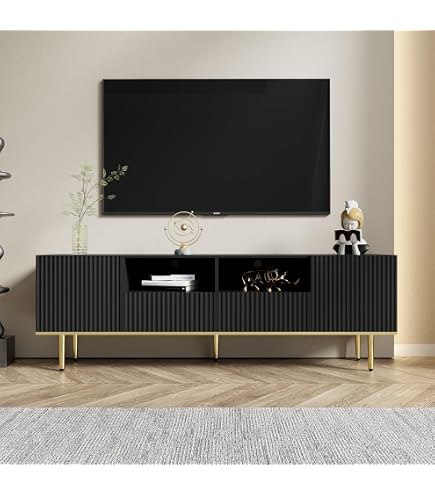 Buffet 4 Portes 150x80x40cm Noir Et Or - Meuble TV Avec Pieds En Métal Et Étagères Réglables - 12