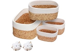 Lot de 4 paniers de rangement tressés en jacinthe d'eau et en coton, rangement pour cuisine, salle de bain, chambre à coucher