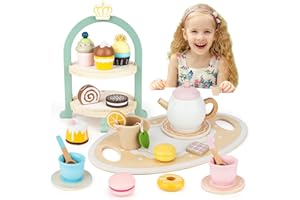 TENUISKFT Accessoires de Cuisine pour Enfants, 23 pièces Service à thé en Bois pour Enfants, Service à thé en Bois, Jouets en Bois, Accessoires de Cuisine, Cadeau pour Enfants Filles 3 4 5 6 7 Ans