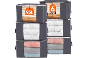 Lifewit 95L Clothes Storage Bags Large Storage Box With Lid Packing Boxes for Moving House With Reinforced Handle Thick Fabric Clear Window for Clothes Duvet Blankets Bedding, 6 Pack, Grey