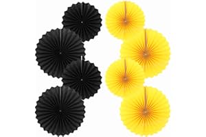 WE MOMENT ZONE Fächer Deko, Gelb-Schwarz 40.6CM (16in) und 30.4CM (12in) Hängende Papierfächer Dekoration, Party Fan Dekorpapier Kit 8er Set