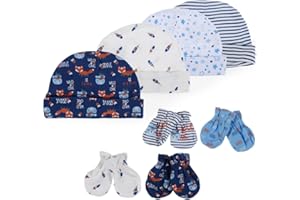 Lictin Bonnets de Naissance et Moufles de Protection -4pcs Bonnets Coordonnés et 4 Paires Mitaines Scratch de Protection Anti-griffures Bébé Fille Garçon (0-6 Mois)