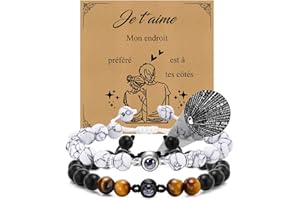 GAMTIC Cadeau Couple Bracelet de Projection - Je t'aime en 100 Langues - Pierres Naturelle Bracelet Couple Amoureux Bracelet de Perles Porte-bonheur Bijoux Carte Cadeau de Saint-Valentine Anniversaire