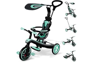 Globber Baby’s Explorer Trike, Premium 4 in 1 Trike System (10mnths-5yrs) with 5 Point Safety Harness, Removable Bar and Adjustable Padded Seat, Sun Canopy, EVA Comfort Wheels, Adaptable Parent Handle