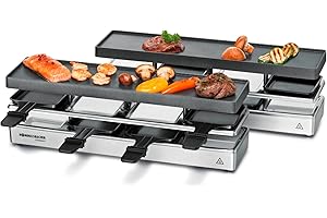 ‎ROMMELSBACHER ROMMELSBACHER RC 1600 Raclette-Grill fun for 4+4 (Tischgrill, für 8 Personen, erweiterbar, Parkdeck, Alu-Druckguss-Grillplatte mit Xylan Plus Antihaftbeschichtung, 1460 W) silber