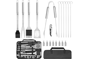 AWOOM 20 Stücke BBQ Grillbesteck Set aus Premium Edelstahl | Grillzubehör mit Grillzange, Wender, Bürste & Spießen | Grillset mit Grillkoffer und Korkenzieher für Männer, Garten Camping & Grillpartys