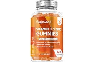 WEIGHTWORLD Vitamin C and Zinc Gummies - 120 Tasty Gummies - Natural Orange Flavour - 2 per Day - Gluten-Free, Non-GMO & Vegan-Friendly - Easy to Chew - Bioavailable Forms (L-Ascorbic Acid & Zinc Citrate)