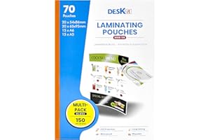 Deskit A5 A6 and Small Sizes Laminating Pouches, Glossy, 150 Microns, Multipack of 70 - Clear and Durable Presentations - Ideal for Small Projects at Home, Office or Events
