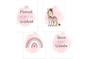 POLYMEDIA 4er Set Baby DIN A4 Bilder mit Zebra, Regenbogen und Sprüchen, Poster mit Tiermotiv für Babyzimmer, 200g/m² Papier, Kinderzimmer Wanddeko, für Bilderrahmen, Dekoration für Jungen & Mädchen, Rosa