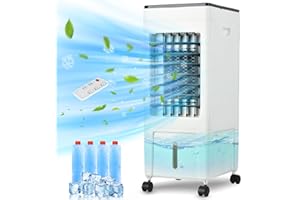 TIAZHAN Mobile Air Conditioner, 3 in 1 Evaporative Air Cooler Portable Cooling Fan with 3 Wind Speeds, 8L Water Tank Humidifier Fan, 8M Remote Control Cooler Fan with 4 Ice Boxes for Home Office Bedroom