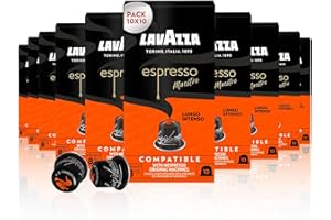 Lavazza, Espresso Maestro Lungo Intenso, 100 Aluminiumkapseln Kompatibel mit Nespresso Original Maschinen, Kakao & Karamellnoten, Arabica & Robusta, Intensität 8/13, dunkle Röstung