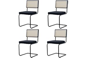 BenyLed Pack 4 Sillas de Comedor Estilo Nórdico Silla Escandinava; Sillas de Cocina Modernas con Respaldo de Madera Maciza de Ratán y Asiento Tapizado (Negro holandés Terciopelo)