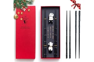 Achkey 2 Paar Essstäbchen mit 2 Chinesischen Panda Keramik Stäbchen Halter, Wiederverwendbare Fiberglas Spülmaschinenfeste Essstäbchen, 24cm rutschfeste Stäbchen in passenden Geschenkbox