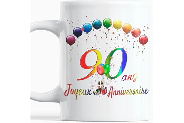 Paroles d'amour Joyeux Anniversaire 90 ans Idée Cadeau Homme Femme Quatre-Vingt-Dix ans Mug original avec des ballons en couleur