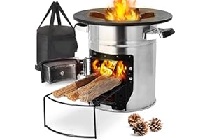 TLSUNNY Fourneau de Fusée Ø32cm avec sac de Transport, Fourneau de Fusée d'extérieur pour Casseroles à four Hollandais, incl. Support à Bois de Chauffage, Double pPorte, idéal pour Camping, Acier Inoxydable