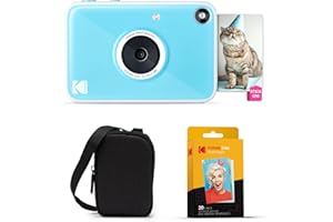 KODAK Printomatic+ Instant Print Digital Camera Starter Bundle + Carrying Case + Zink 20pk Sticky-Back Photo Paper - 10MP, Full-Color Photos, GB LED Status Indicator - Blue