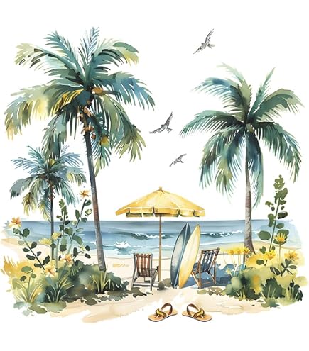 Stickers Muraux Palmiers Aquarelle Tropicale - Autocollants Amovibles Déco Salon Chambre