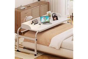 GLHKFBD Über-Betttisch auf 4 Rollen Abschließbar, Mobiler Schreibtisch Pflegetisch Laptoptisch Bettbeistelltisch Höhenverstellbar 65-95 cm/Breitenverstellbar 115-210 cm für Schlafzimmer Krank(Color:Weiß)