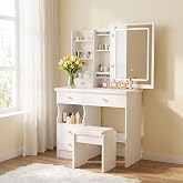 Saalu Vanity Mirror LED Lighting Adjustable Brightness Dressing Table with Stool Dressing Table with 5 Drawers and 3 Shelves