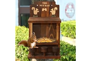 HEMORE Squirrel Feeder, 10.8inch Wooden Squirrel Picnic Table Feeder with Stools, Weatherproof Squirrel Bar, Squirrel Feeders for Outside Garden Decor