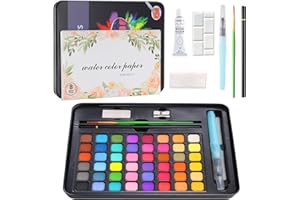 CRESZZLE set acquerelli professionali, 48 colori,con pennello ad acqua, tavolozza, pennarello, carta da acquerello, spugna, gomma, scatola per la pittura, ideale per bambini e artisti.