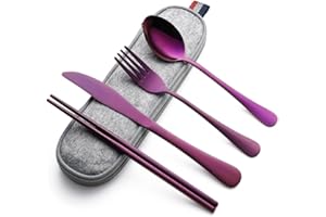 DEVICO Camping Cutlery Set for 1, Portable Travel Utensils Set with Case, Reusable Stainless Steel Knife Fork Spoon Chopsticks for Work Lunch Picnic School, Dishwasher Safe (Purple)