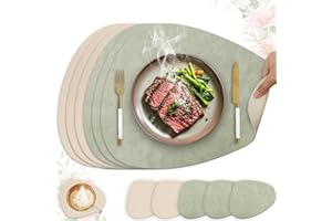 HELI MIAO 6er Set Tischset aus Leder-Imitat，Platzsets abwaschbar und wasserdicht，Platzdeckchen Lederoptik mit Untersetzer,Tischuntersetzer Doppelseitigen rutschfest(Oval,Hellgrün+Beige)