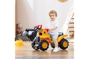 COSTWAY Coche Correpasillo Excavadora para Niños, Camión de Juguete con Cubo Ajustable, Sonidos de Camión y Claxon, Espacio de Almacenamiento Bajo el Asiento, Auto de Excavadora para Niños de 3+ Años