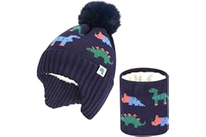 QKURT Ensemble Bonnet et écharpe Tricotés pour Enfants d'hiver, Bonnet Tricoté doux et chaud, Ensemble Cache-cou avec Motif de Dinosaure pour Garçons et Filles de 2 à 6 ans