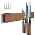 ENOKING Magnetic Knife Holder for Wall, Knife Magnetic Strip No Drilling 40 cm, Powerful Magnetic Kitchen Knife Holder, Acacia Wood Wall Knife Holder Magnet Magnetic Knife Bar with 4 Hooks