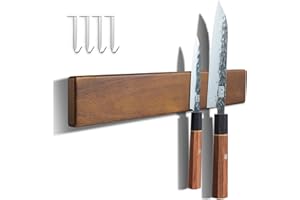 ENOKING Portacoltelli Magnetico 40 cm, Barra Magnetica per Coltelli Senza Forare, Porta Coltello Forte in Legno D'acacia con 4 Ganci