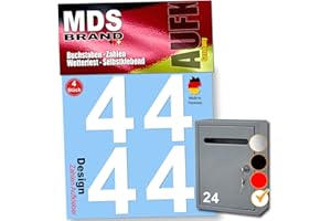 MDS Brand 5cm Design Zahlen Aufkleber Selbstklebende Klebezahlen | Vinyl Hausnummern zum Aufkleben für Briefkasten, Mülltonnen, Hausnummer für Außen & Innen (Weiss, 4)