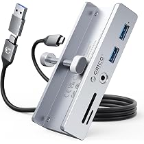 ORICO Hub USB 3.2 A Pinza Con 3 Porte 10Gbps E Lettore SD/TF – Alluminio, Alimentazione 5V, Cavo 2-in-1 Da 1m, Per Monitor E Scrivanie
