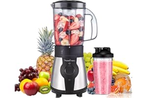 Moulinex Blend&Go , Batidora de vaso de 300 W, con jarra de 1,3 L y botella de plástico de 750 ml, 4 cuchillas extraíbles, acabado acero inoxidable, LM1B1D