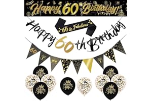 YONTREE 14 Pieces 60th Happy Birthday Decorations Kit, Birthday Party Decoration Including Party Supplies Birthday Straps 9ft Banner Triangle Flags Confetti Latex Balloons
