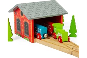Bigjigs Rail Double Engine Wooden Shed | Red Model Garage for Parking Train Toy | Accessories for Wood Railway Track Expansion | Ideal as Gifts for Kids Age 3+| Educational Tool for Young Children
