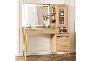 Chrangmay 47.24" Big Modern Vanity Desk with Mirror and Lights,Makeup Vanity Desk with 5 Drawers and Storage Shelves & Power Outlet,Dressing Table with Glass Top, Oak