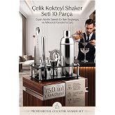 Transformacion Kokteyl Shaker Seti 10 Par&ccedil;a Siyah Akrilik Standlı, 304 Paslanmaz &Ccedil;elik, 750 ml