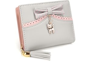 UTO Portafoglio piegatura per Ragazza con Gatto Fiocco, Pelle sintetica di bella disegno stampa,nero e rosa