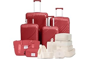 Karl home Luggage Sets of 6, PP Hardshell Suitcase Sets with 8 Packing Organization Cube, Carry on Checked Luggage with Spinner Wheels TSA Lock, Cabin Suitcase for Women Men, Red