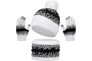 Baynetin Jeu de Gants D'écharpe de Bonnet d'hiver pour Les Femmes Hommes Couples - Chaud Tricot Flocon de Neige Pom Chapeau, Snood/écharpe Longue, Gants à écran Tactile 3 Pièces