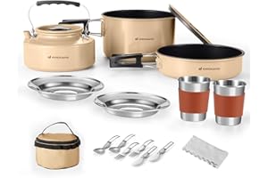 Odoland Set di pentole da campeggio per 2 persone, set di posate da campeggio, padella media + pentola media, bollitore da 0,8 l, 2 set di posate in acciaio inossidabile, cachi