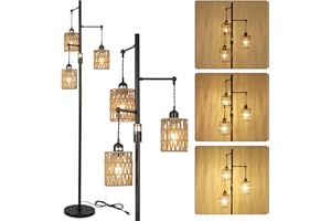 ‎RAYOFLY Rayofly Dimmbar Stehlampe Wohnzimmer, Vintage Stehlampe mit Rattan Lampenschirm, 3-flammige Boho Rattan Stehleuchte mit Dimmer, Industrial Stehlampe für Schlafzimmer Kinderzimmer Büro, Höhe 165cm